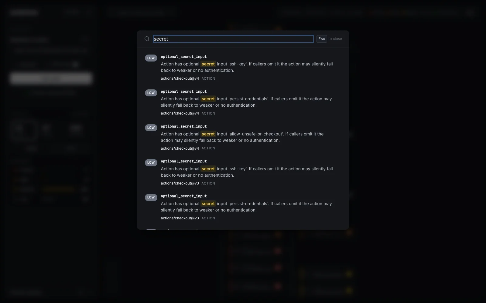 The search overlay with results for 'secret', each showing severity, finding type, message and node